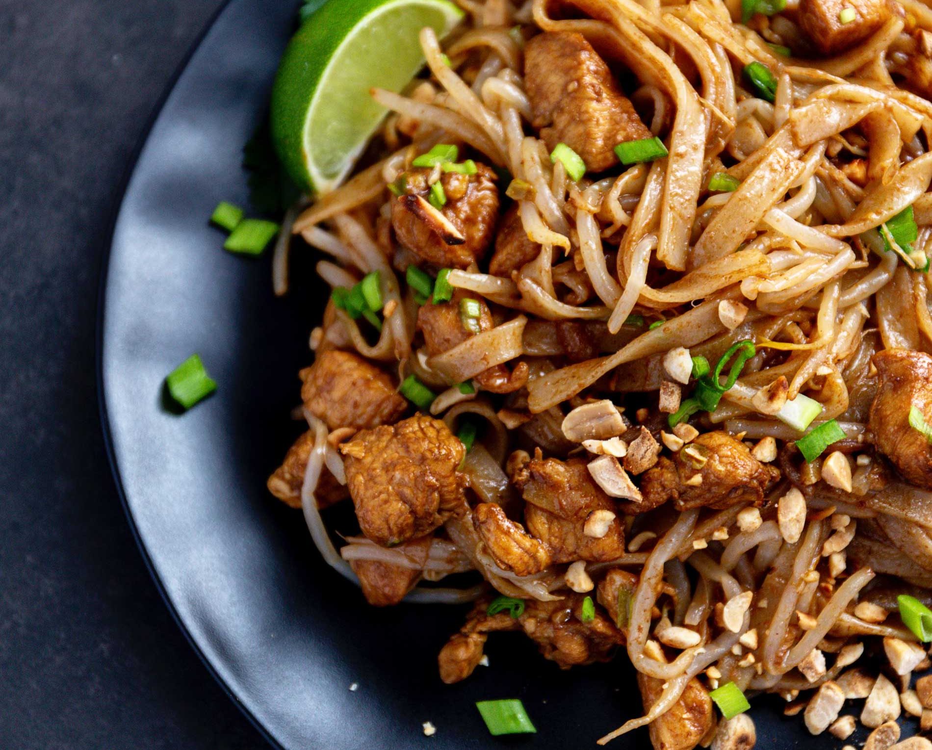 rice noodles pad thai with tofu and nuts