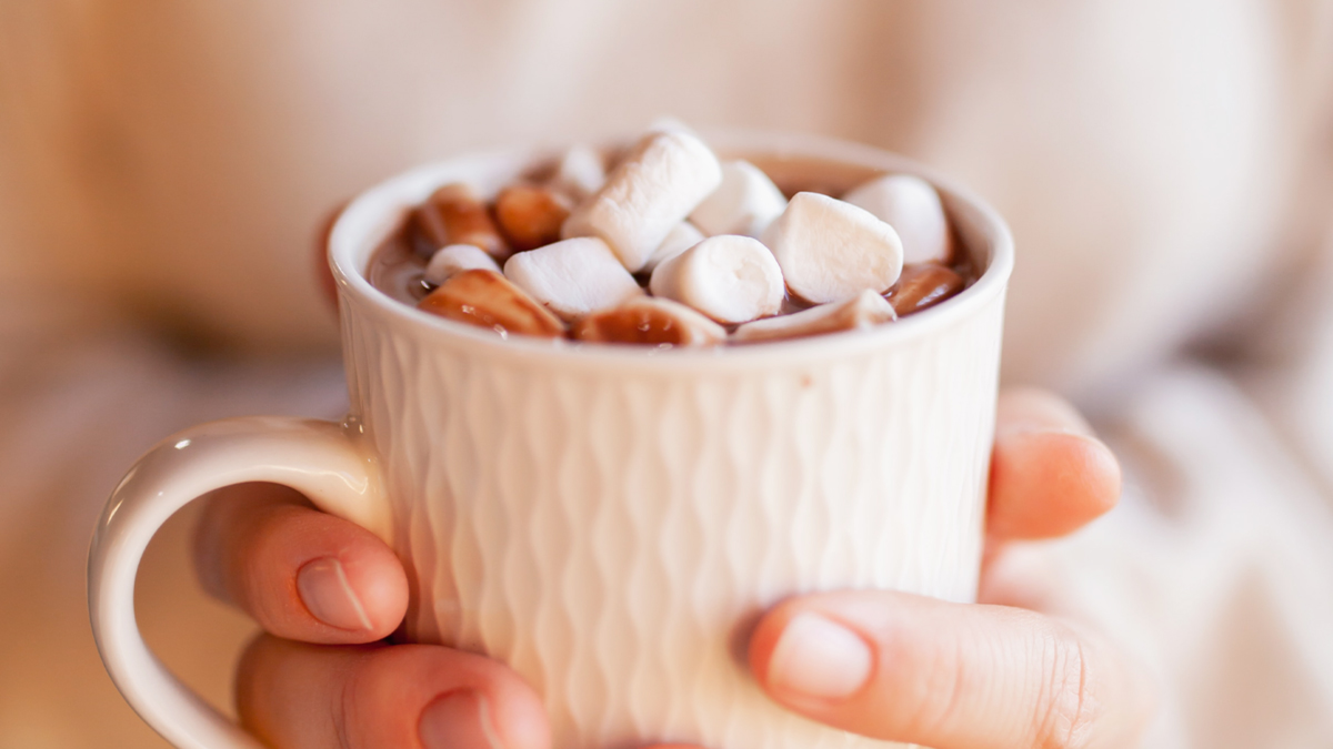 hands holding a cup with hot chocolate and small marshmallows