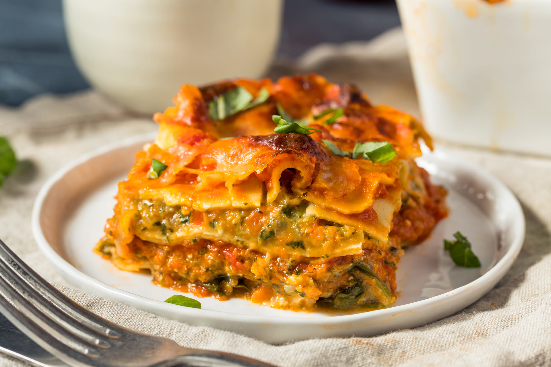 Tomato and spinach lasagna on a plate