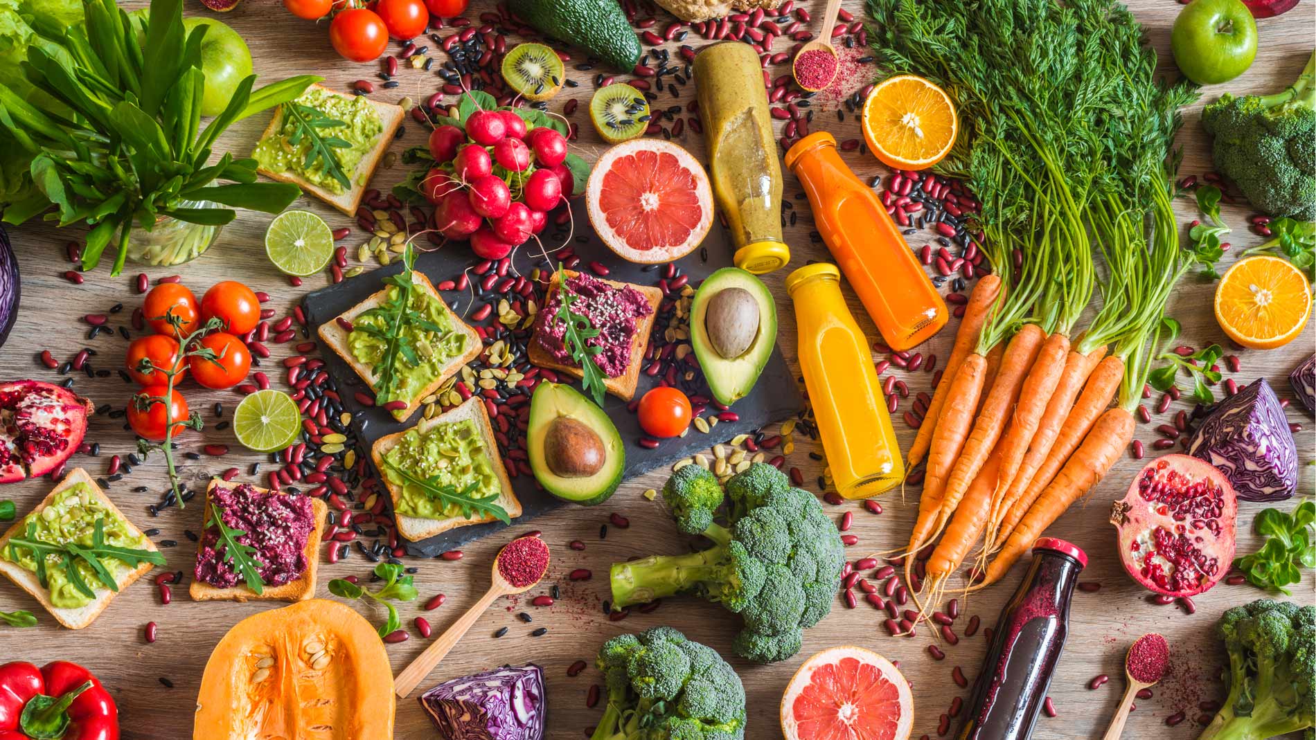 top view of colorful fruits and vegetables