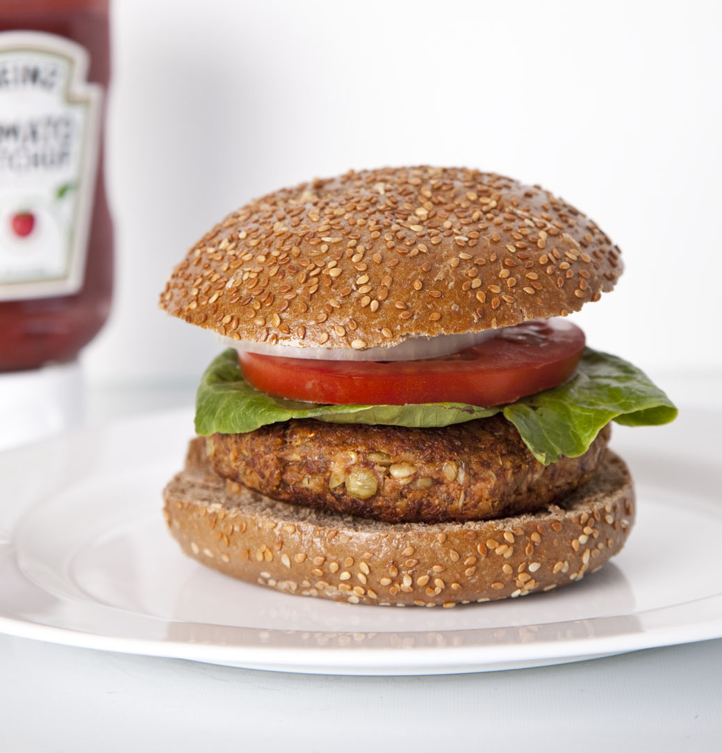 lentil buger in a bun with vegetables