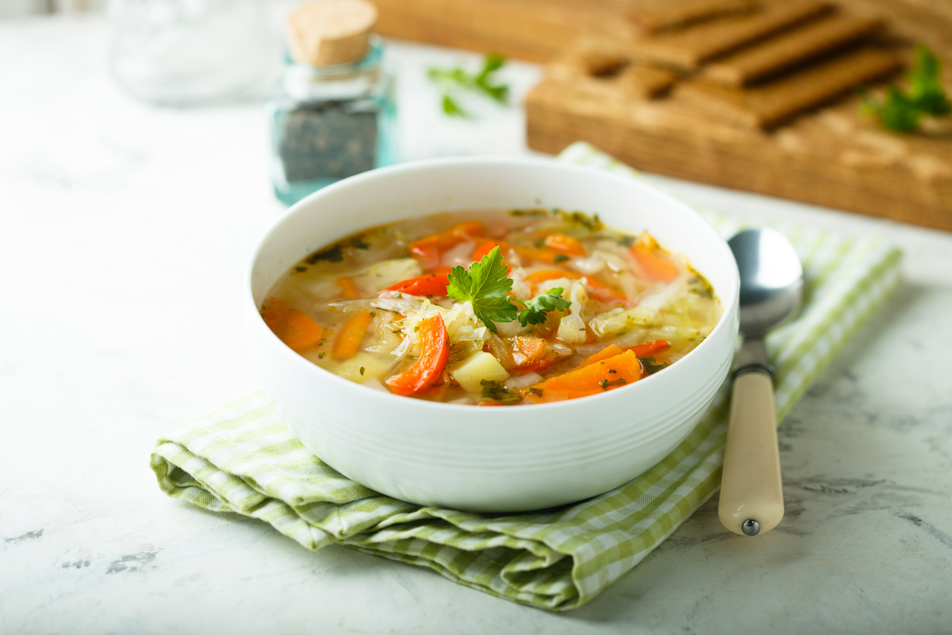 a rich vegetable soup in a bowl