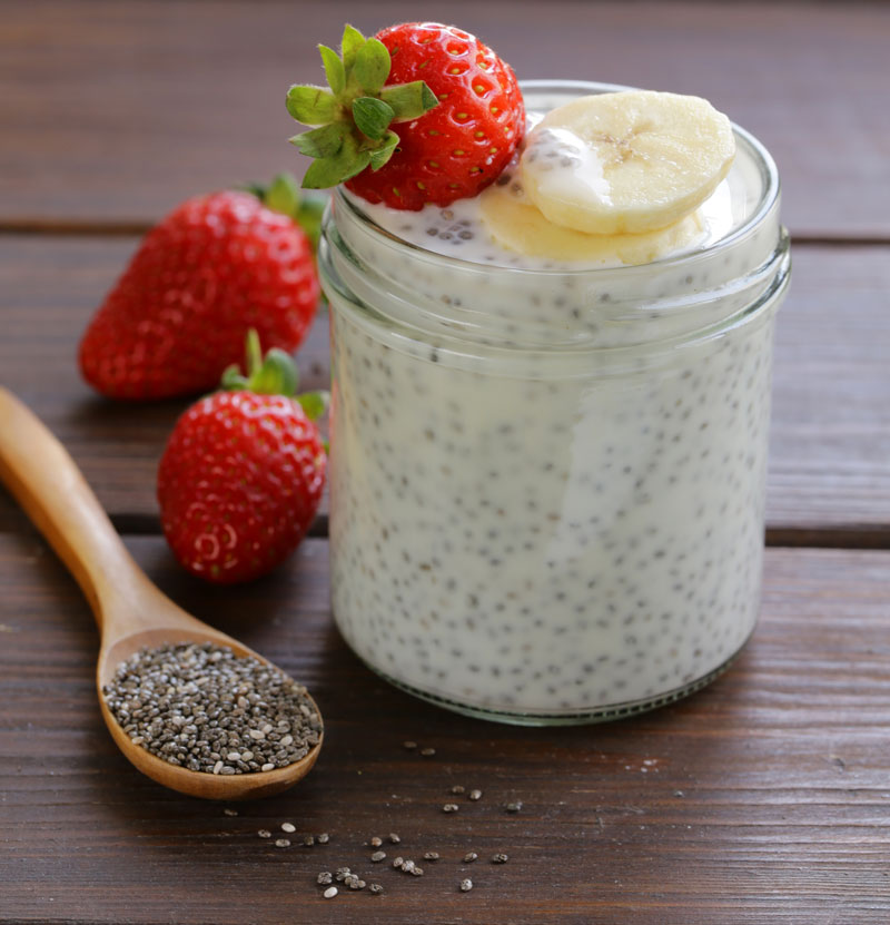 Chia-seed Pudding in a jar topped with fresh fruits