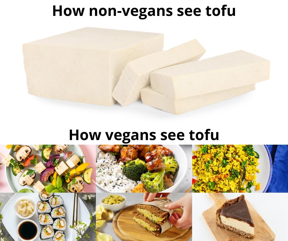 block of plain tofu vs. vegan dishes and desserts made with tofu