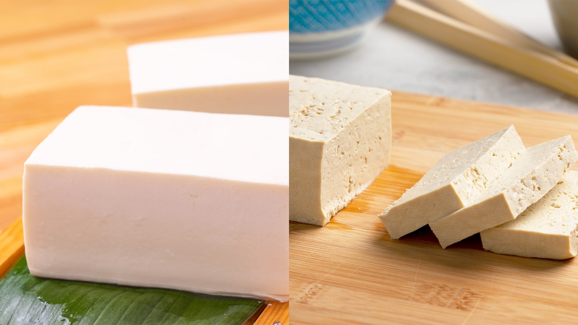 The two types of tofu, silken tofu, and regular firm tofu.