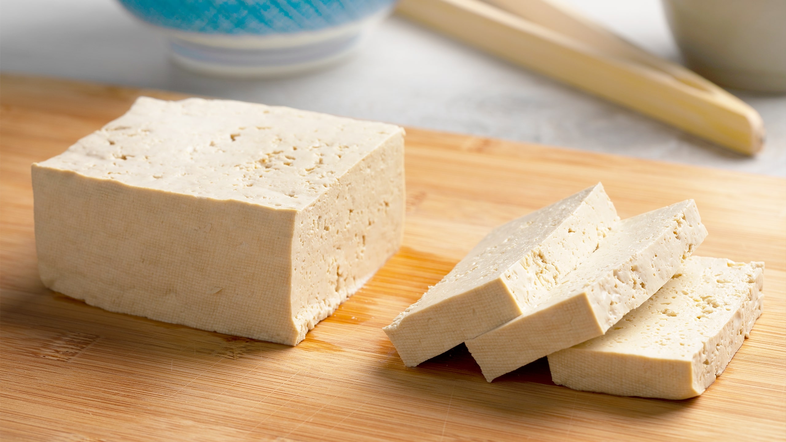 A block of tofu sliced