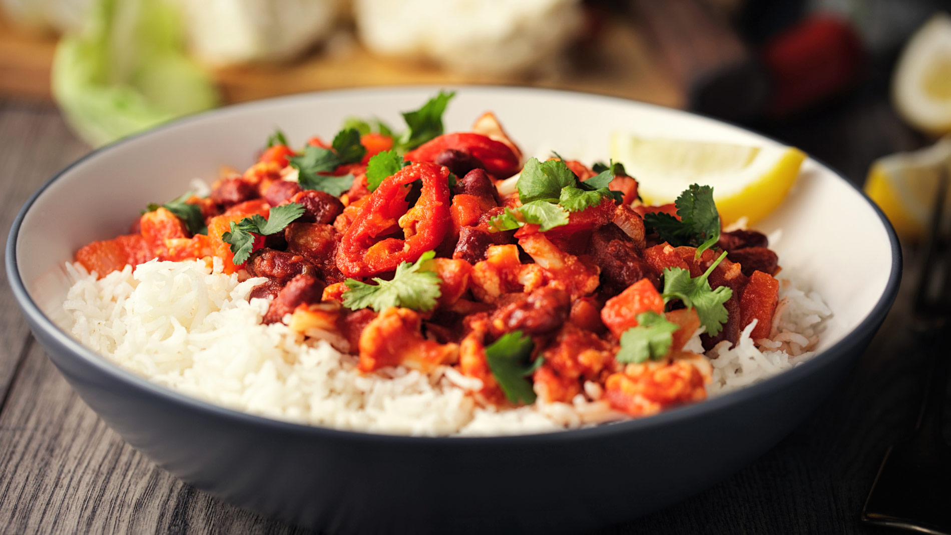 black bean and sweet potato stew on top of white rice