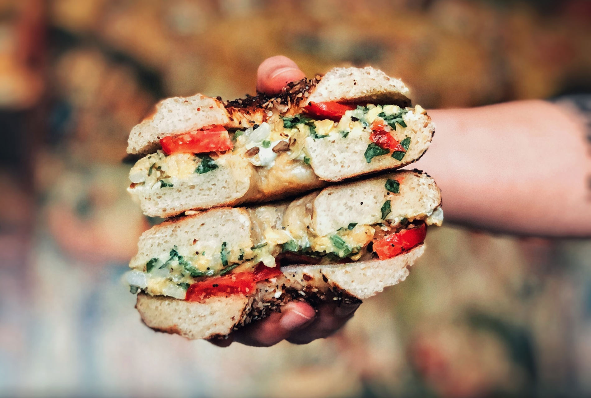 vegan tuna bagel sandwich made of chickpeas