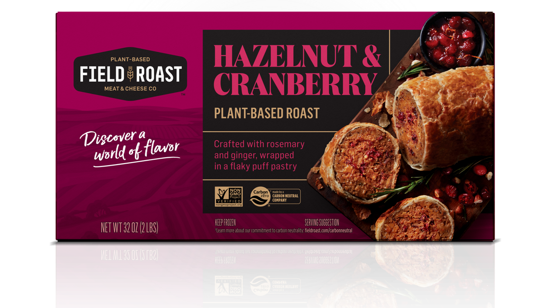 package of vegan roast product with hazelnut and cranberries by Feild roast