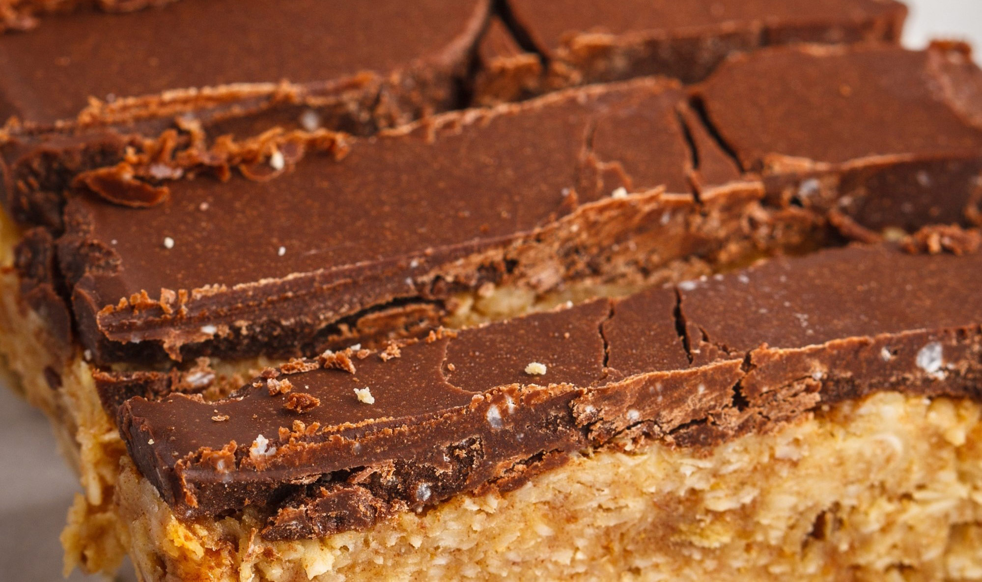 slices of raw dessert made of a nutty layer and a chocolatey layer on top